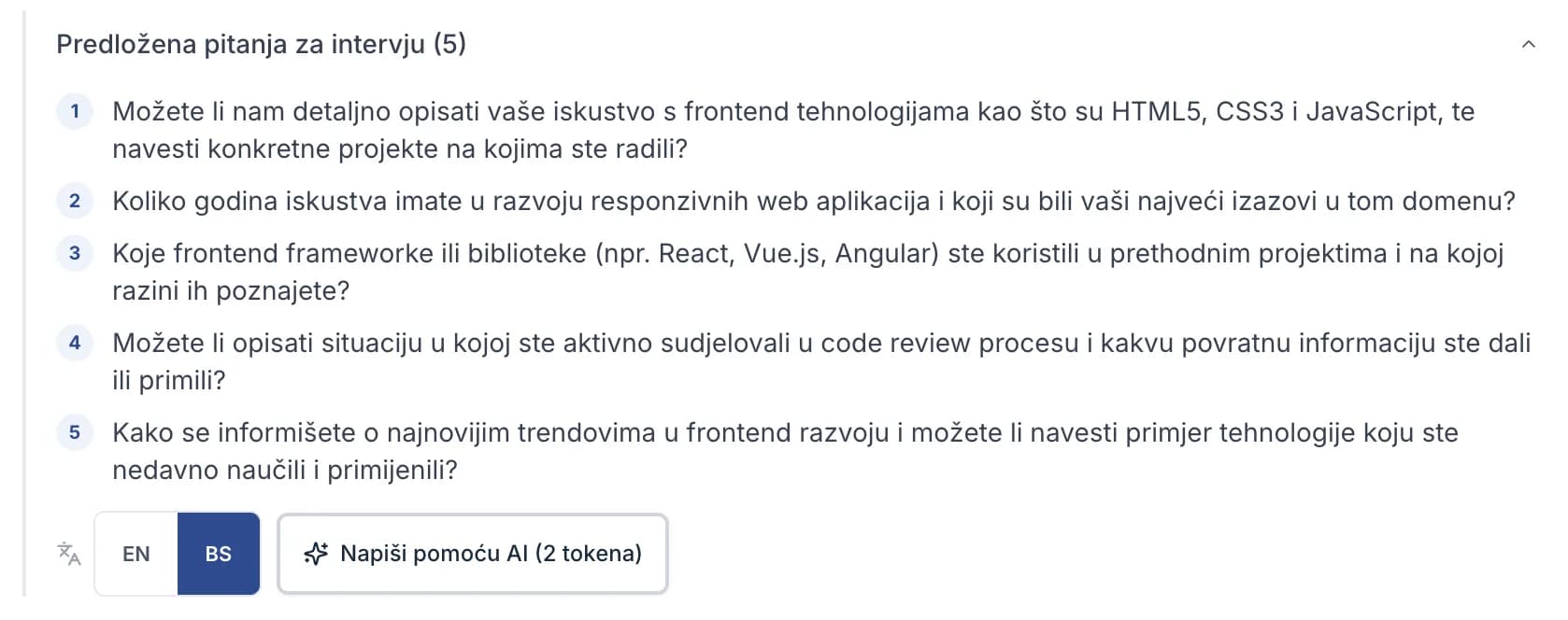 Kartica AI screeninga s dugmetom za nacrt pitanja