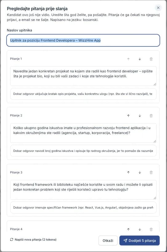 Prozor za pregled AI pitanja s pitanjima koja se mogu urediti