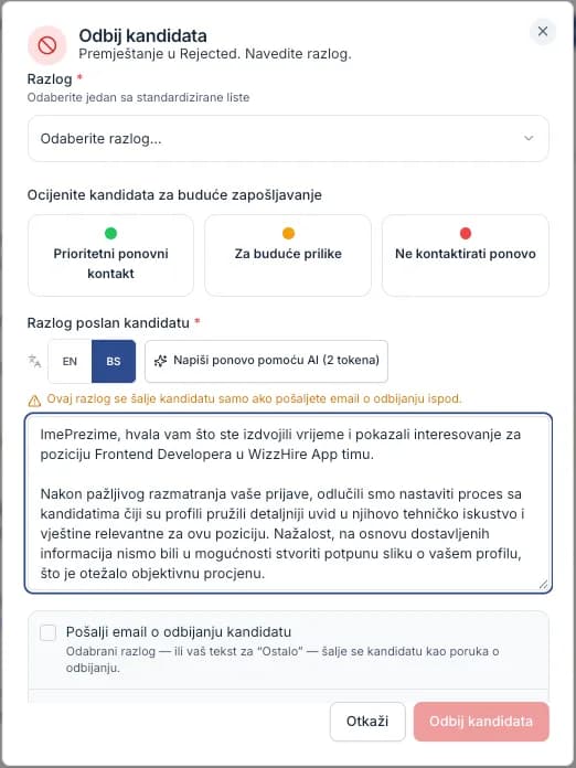 Prozor za odbijanje s dugmetom za AI nacrt i biranjem jezika