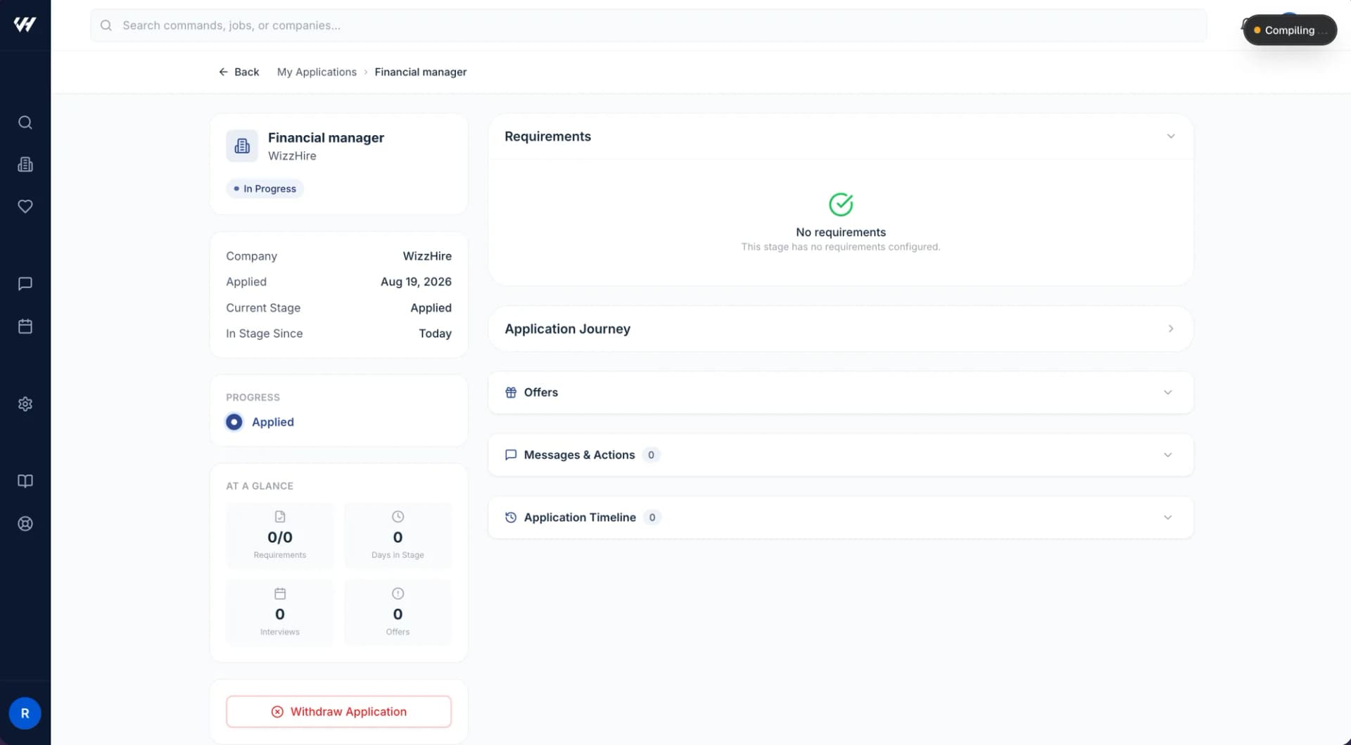 An application detail view with progress and timeline