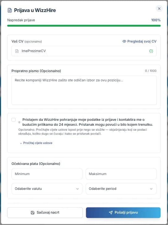 Obrazac prijave s CV-om preuzetim iz profila