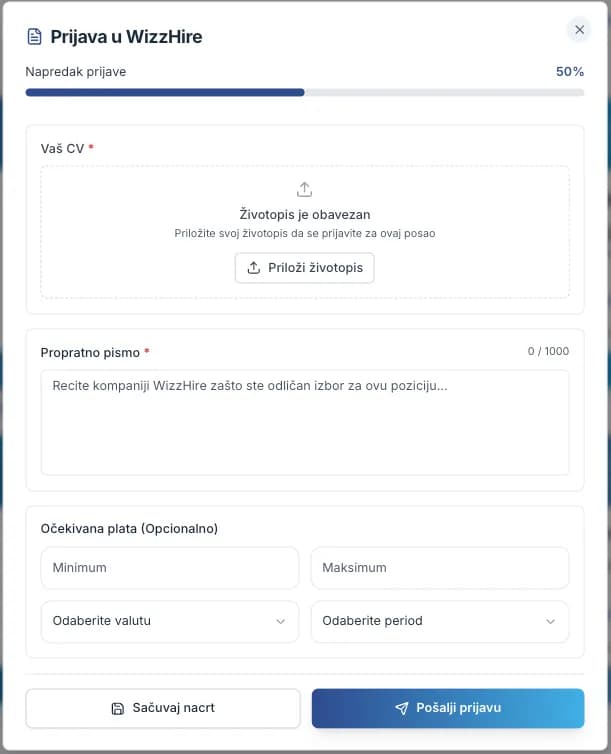 Polja za propratno pismo i očekivanu platu na obrascu prijave