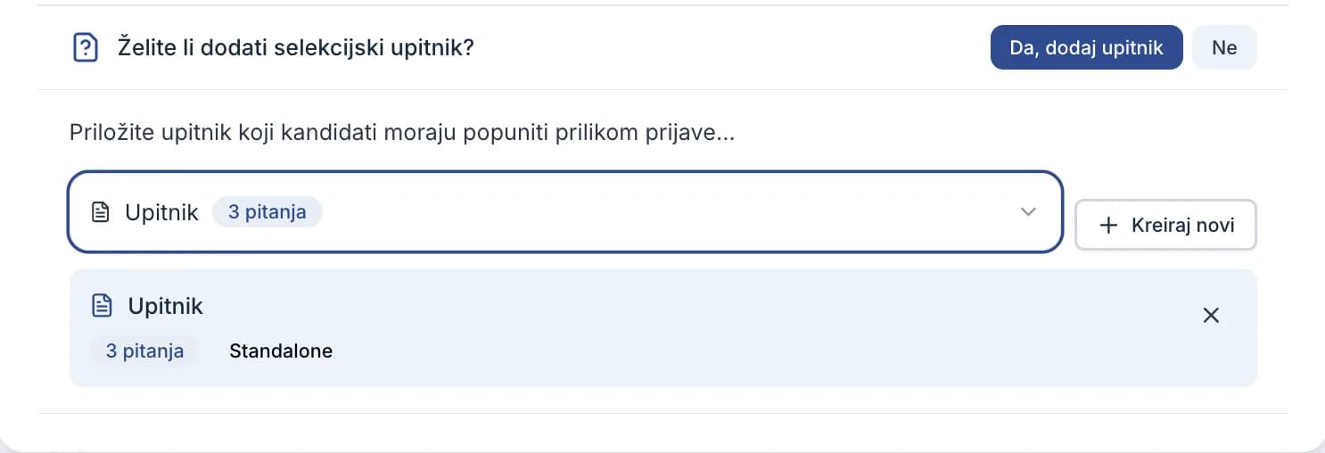 Korak 2 čarobnjaka za kreiranje oglasa, sa otvorenom sekcijom za upitnik i odabranim upitnikom