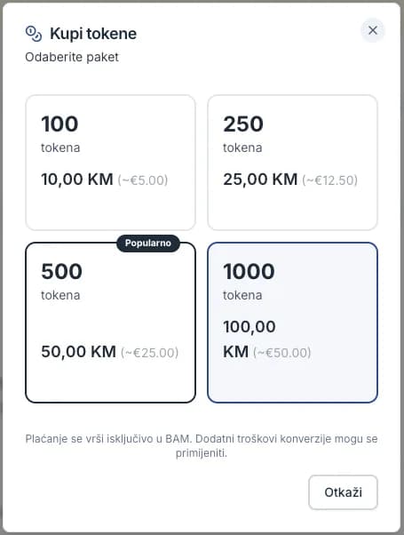 Dijalog Kupi tokene s paketima tokena