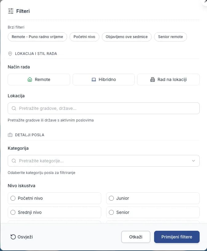 Lista poslova s otvorenim panelom filtera