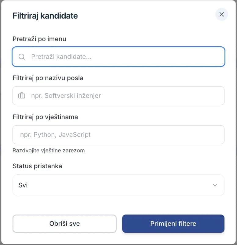 Panel Filtriraj kandidate