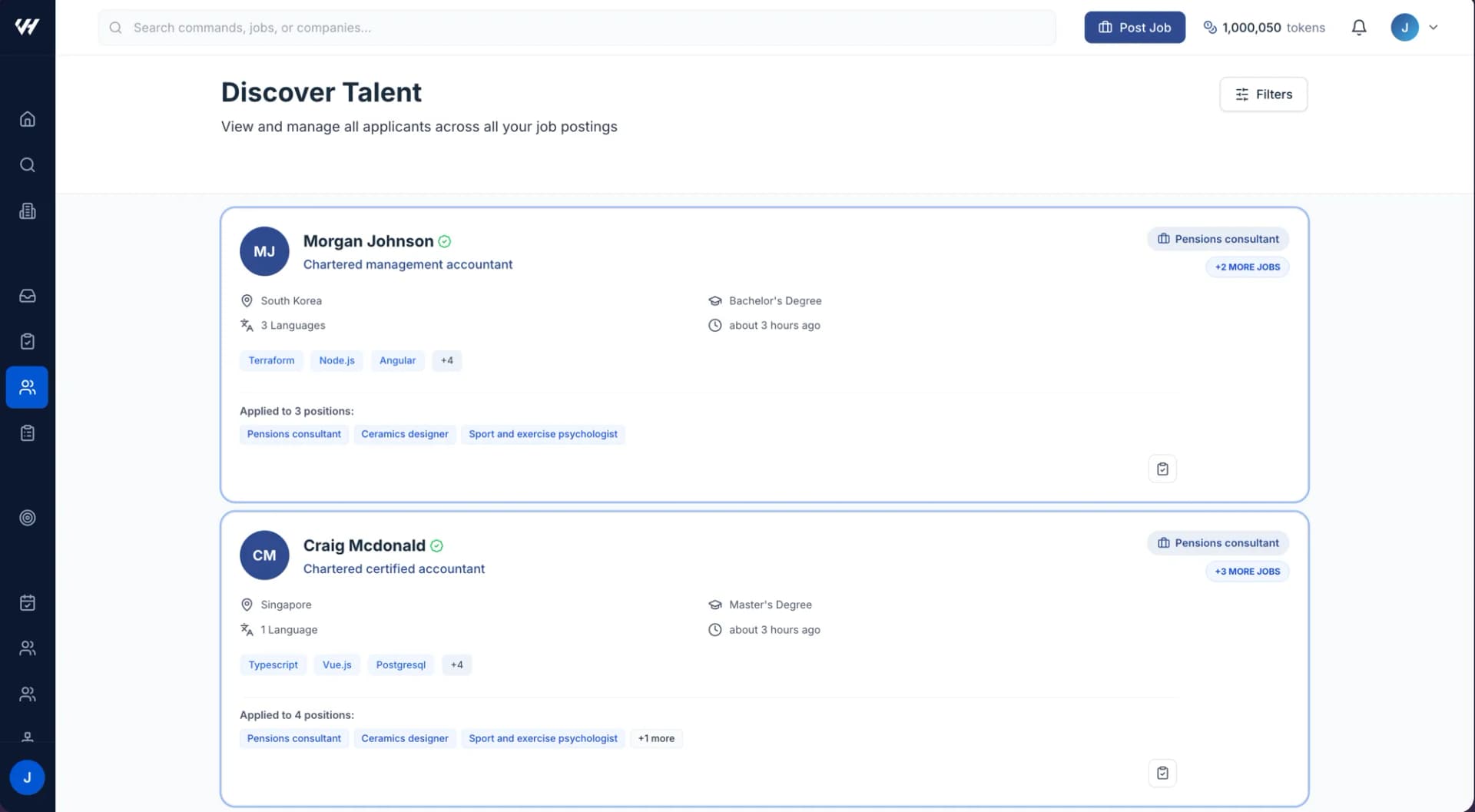 The Candidates page with its searchable list