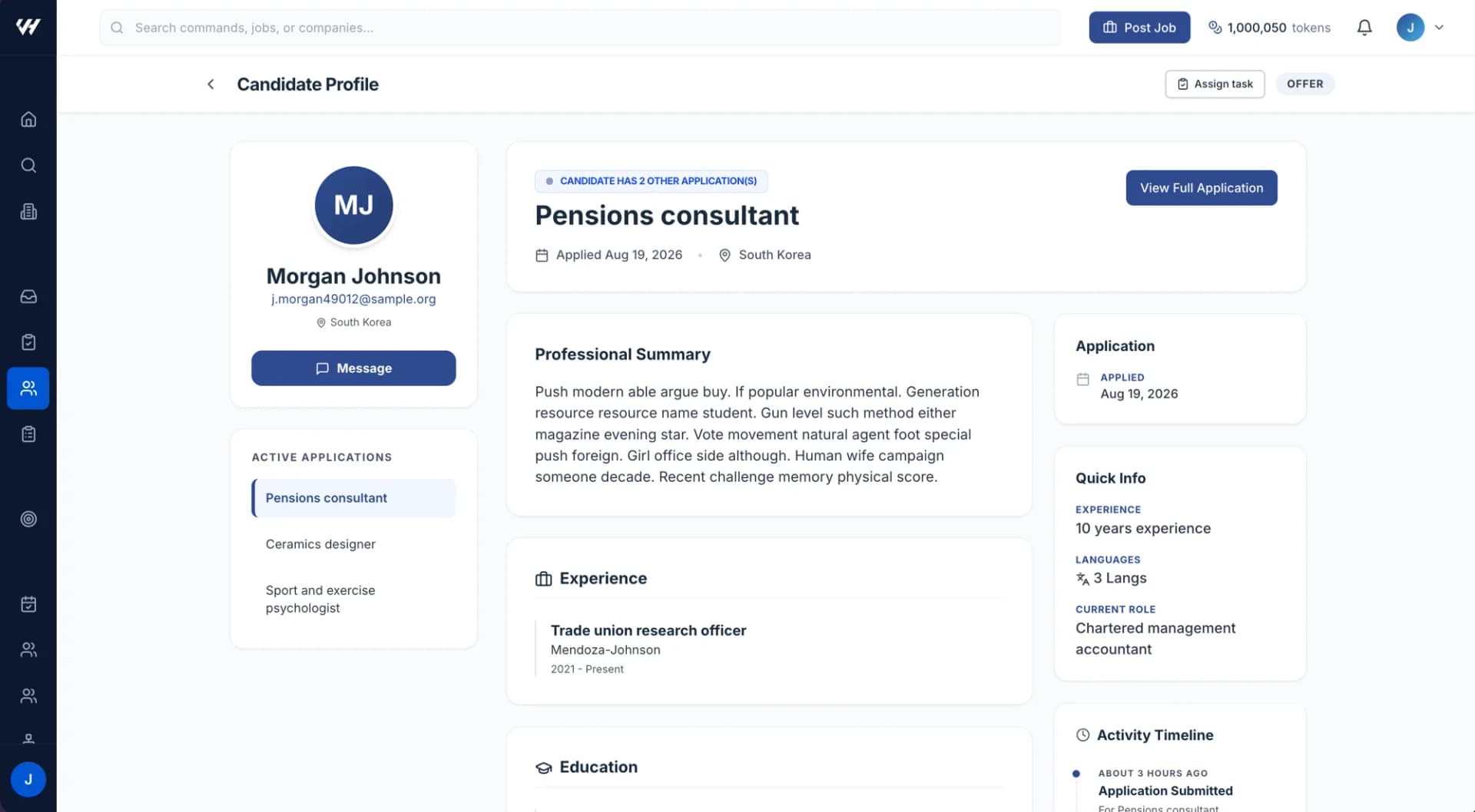 A candidate profile with experience, skills and timeline