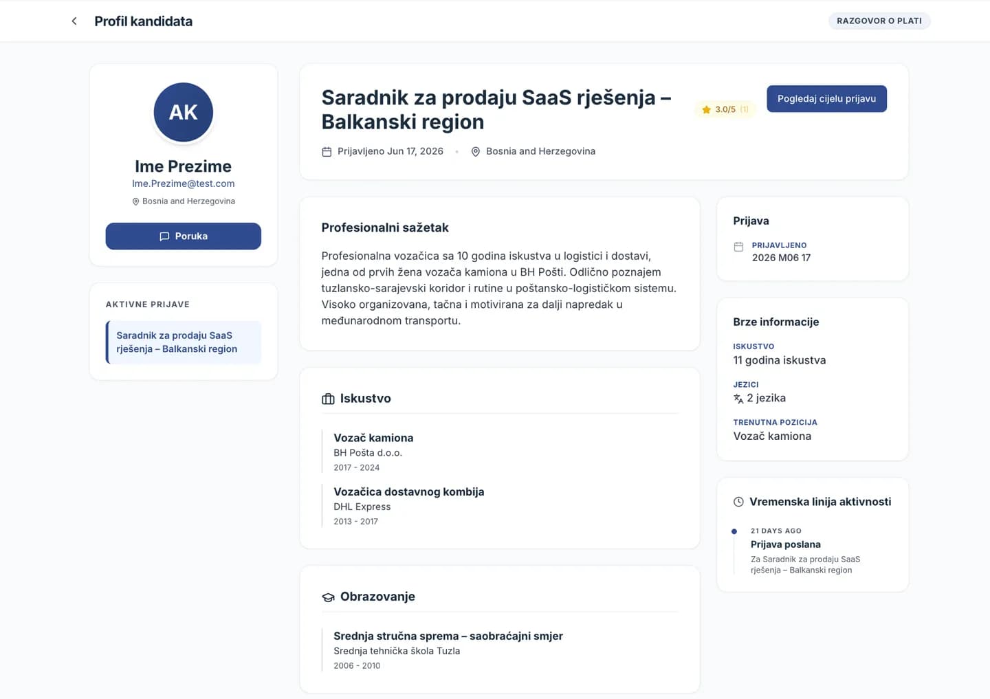 Profil kandidata s iskustvom, vještinama i vremenskom linijom