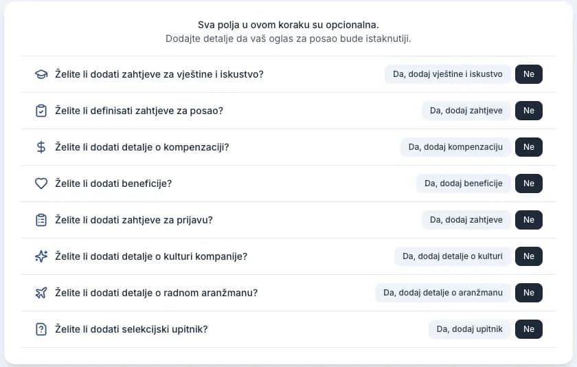 Korak 2: opcionalne sekcije koje uključujete po želji