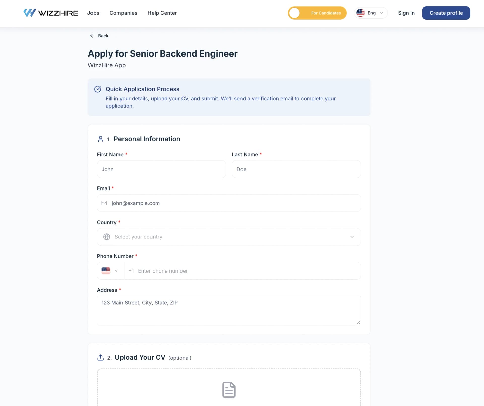 The guest application form with personal details and CV upload