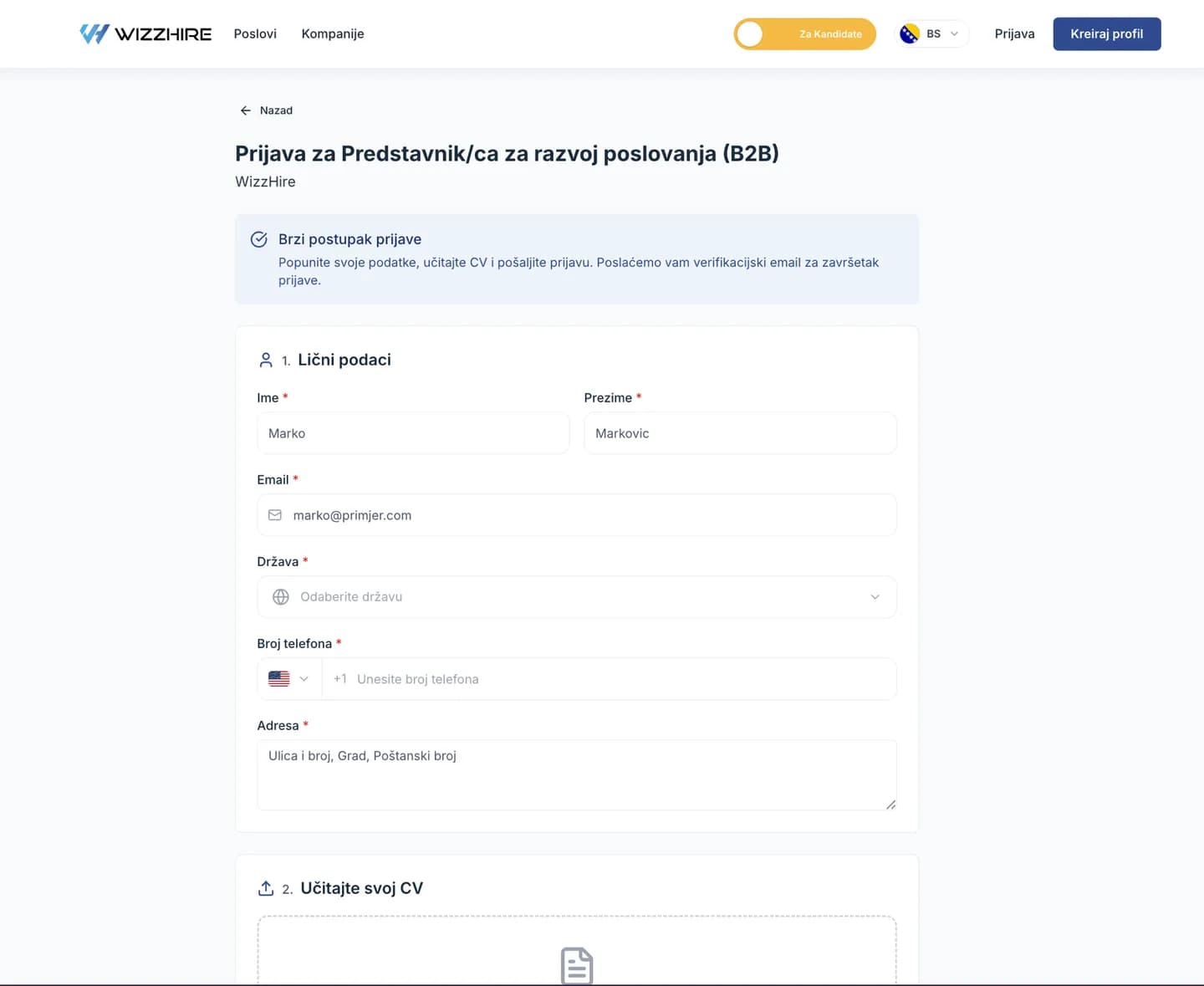 Obrazac za prijavu gosta s ličnim podacima i otpremanjem CV-a