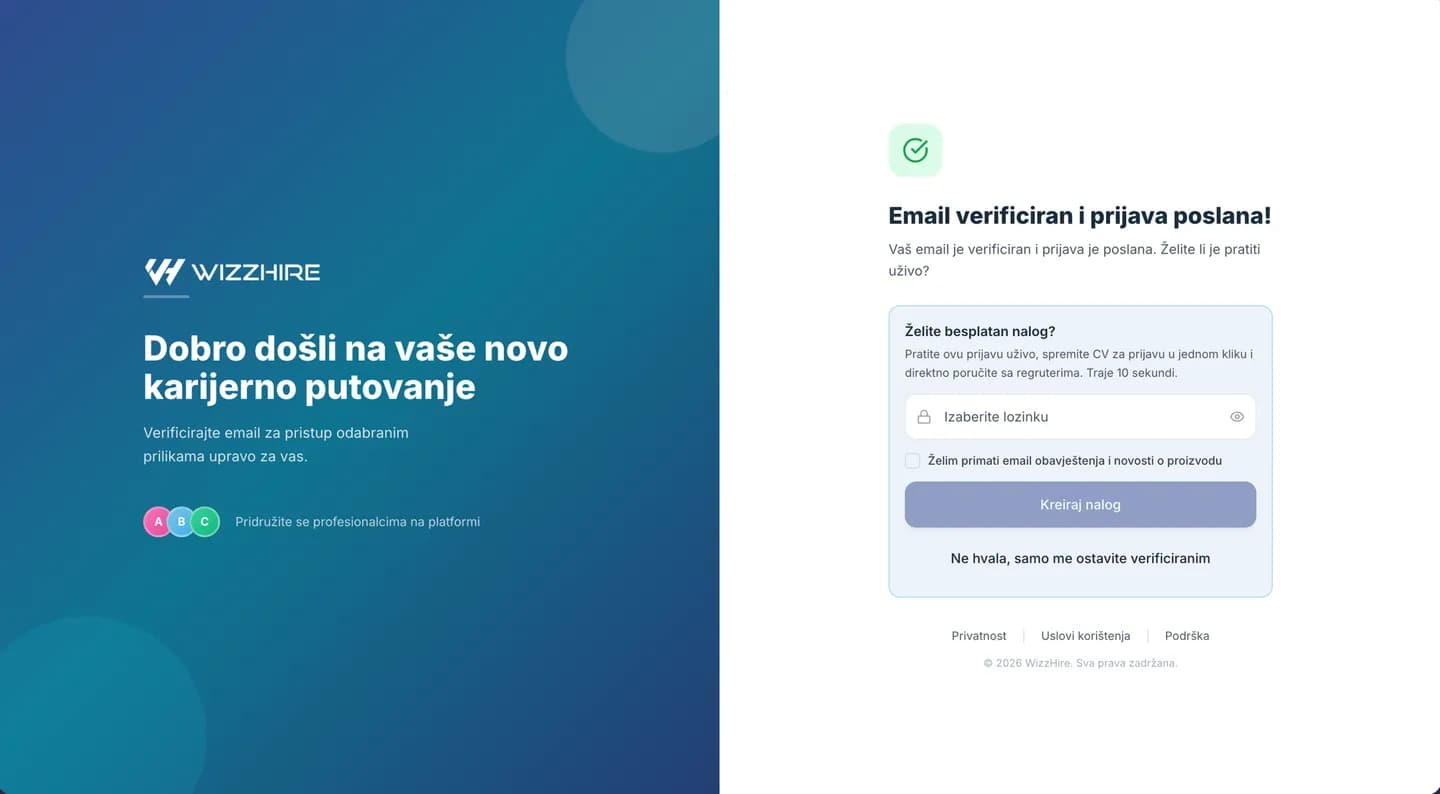 Ekran potvrde „E-mail verificiran i prijava poslana“