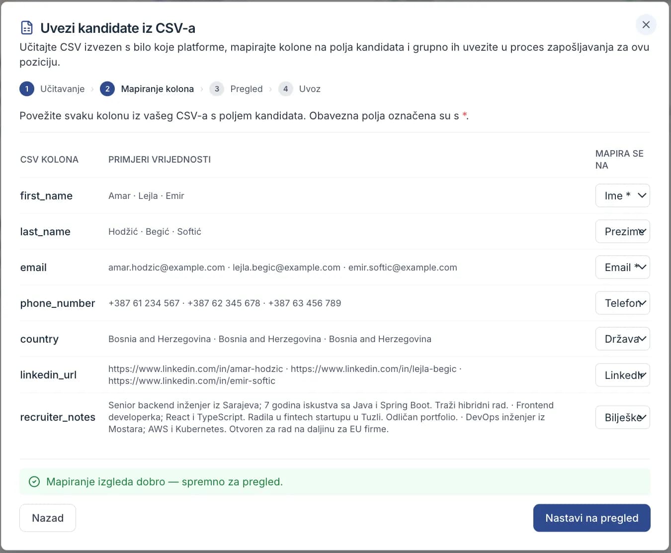 Korak mapiranja CSV kolona tokom uvoza