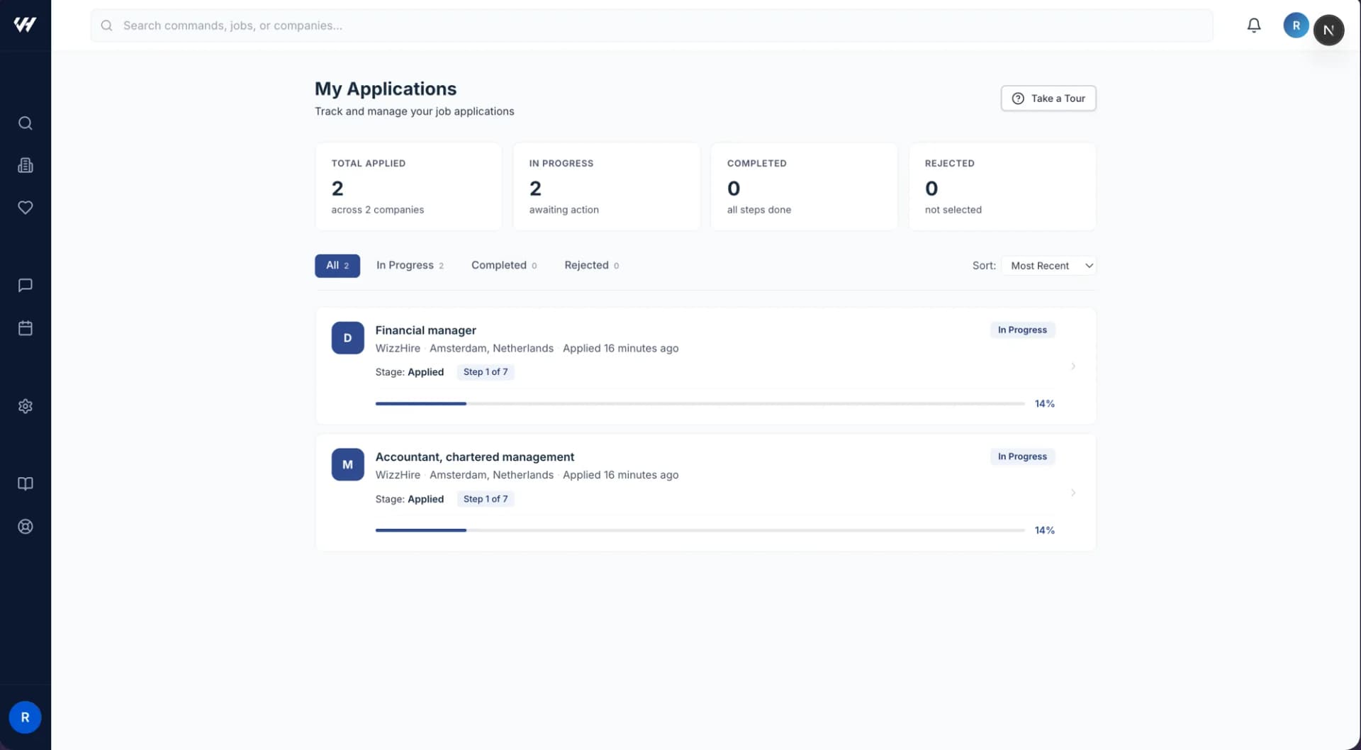 The My Applications page with its counts and cards