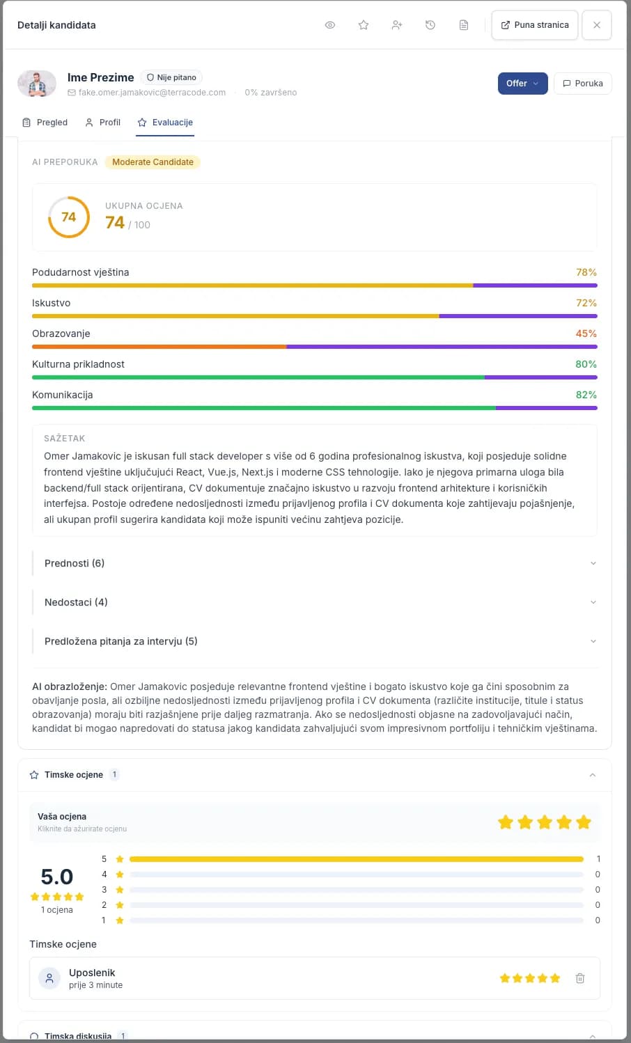 Radnje na kartici kandidata: promjena faze, ocjena zvjezdicama, poruka