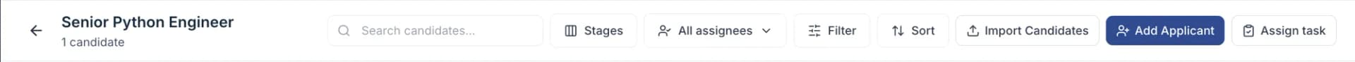 The pipeline search, stage and assignee filters