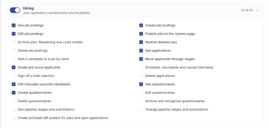 The Hiring module expanded into individual permission checkboxes