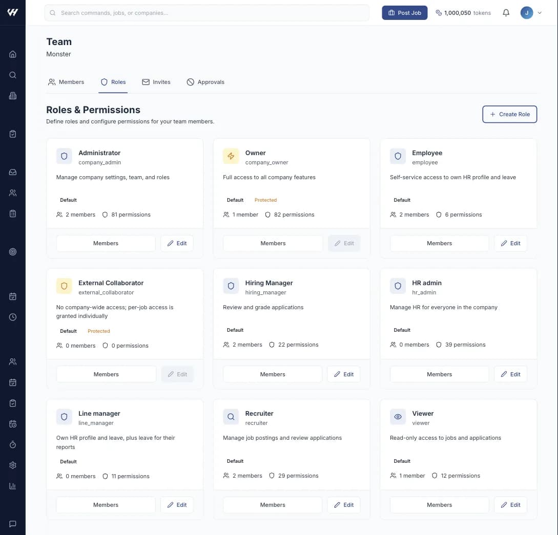Team → Roles, showing the built-in role cards