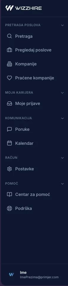 Račun kandidata ima kraći bočni meni izgrađen oko traženja posla.