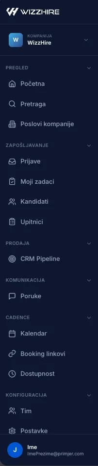 Račun kompanije dobija cijeli radni prostor za zapošljavanje u bočnom meniju.